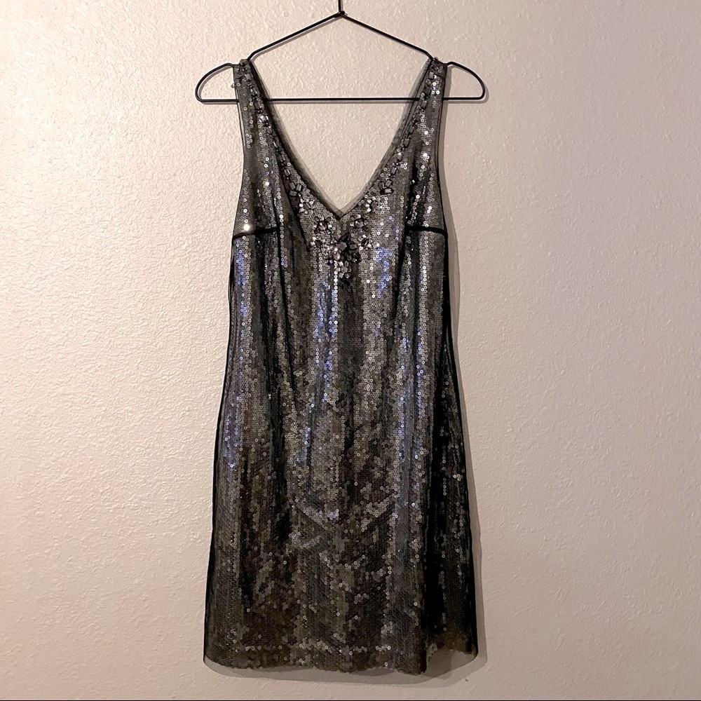WHBM sequin mesh jewel neckline dress